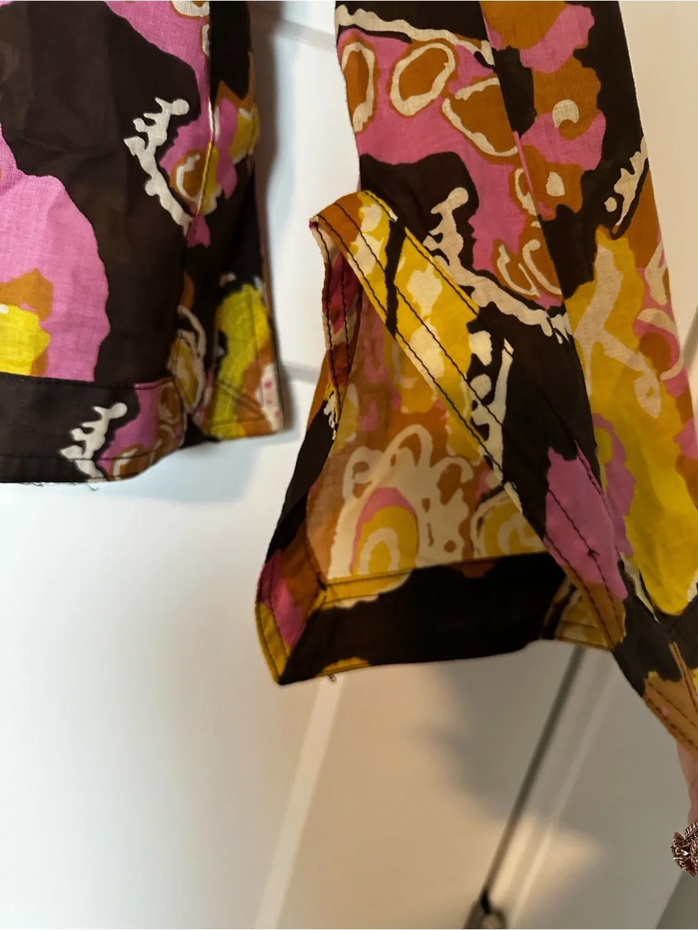 Tory Burch Brown Floral Cotton Tunic with Pink Yellow Flowers and Clear Sequins